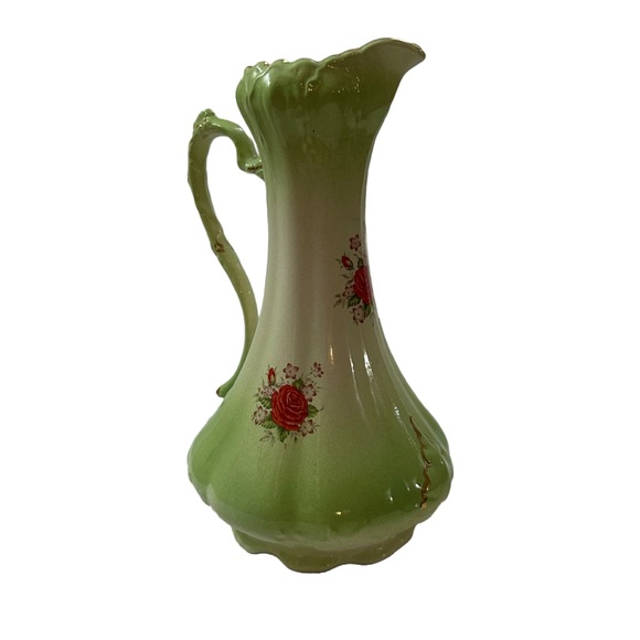 Vintage Antique Green Floral Pitcher and Wash Basin with Gold Trim 1950s - Picture 7 of 16